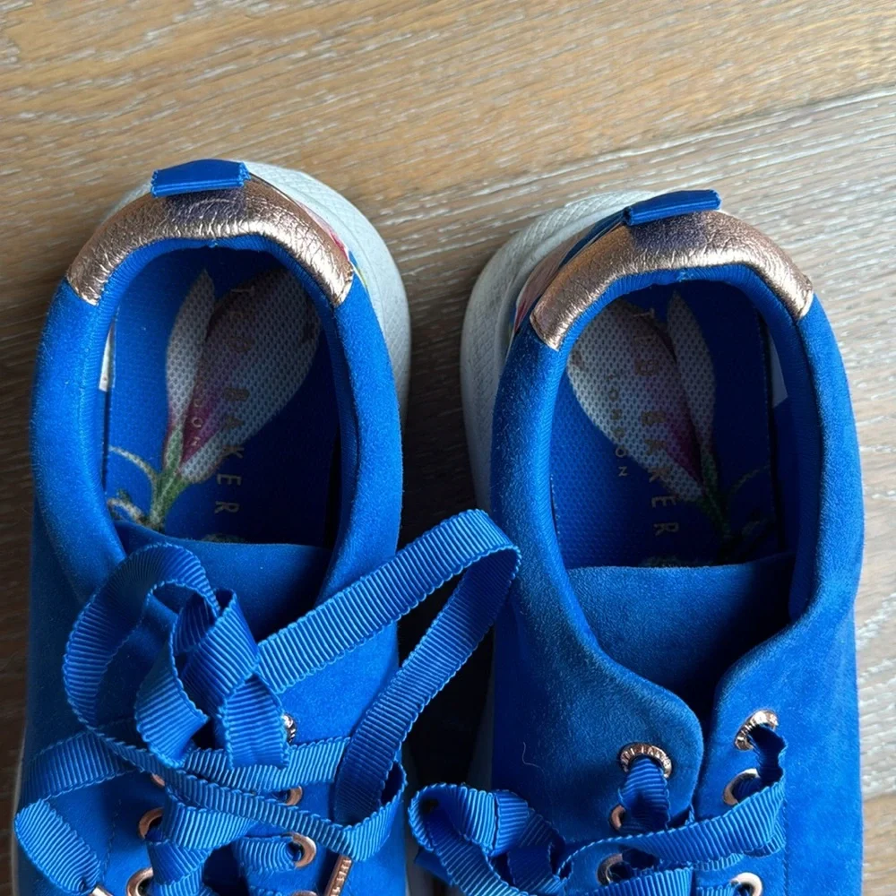 Ted Baker blue suede sneakers with rose gold accents